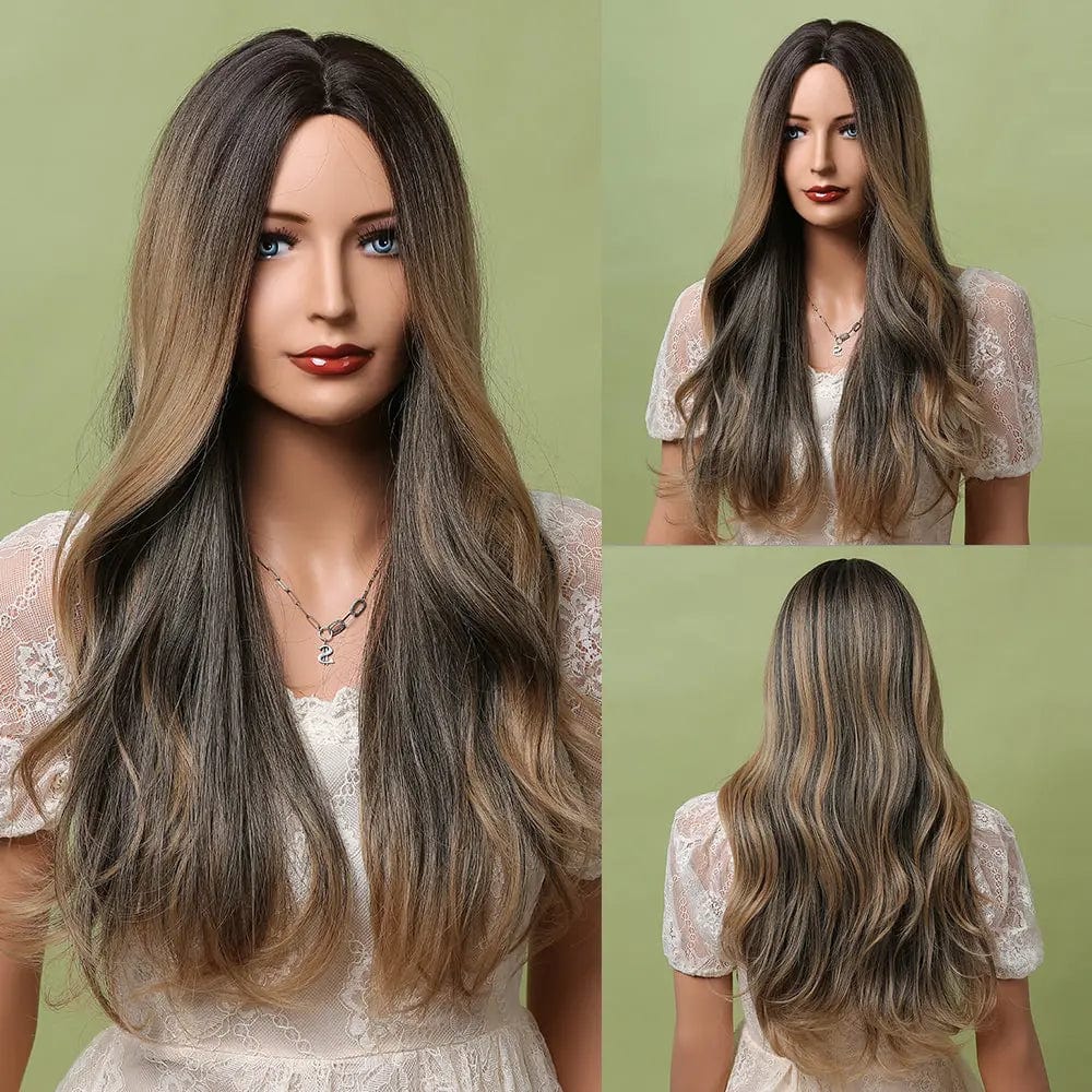 Middle Part Ombre Black Dark Brown Highlight Synthetic Wigs Heat Resistant Hair hair vendors wig