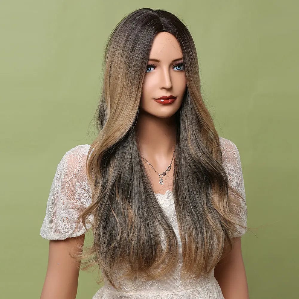 Middle Part Ombre Black Dark Brown Highlight Synthetic Wigs Heat Resistant Hair hair vendors wig