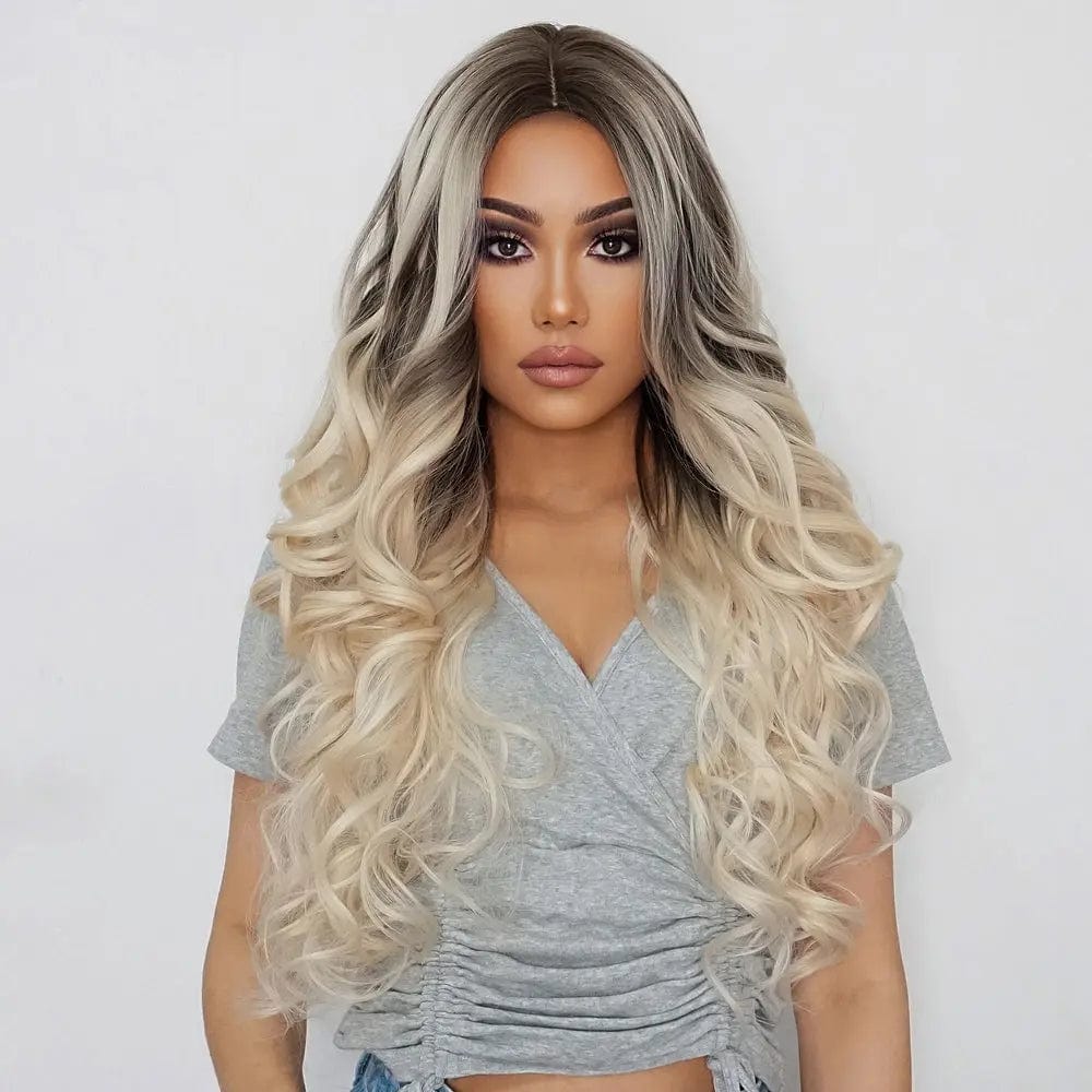 Middle Part Ombre Black Dark Brown Highlight Synthetic Wigs Heat Resistant Hair hair vendors wig