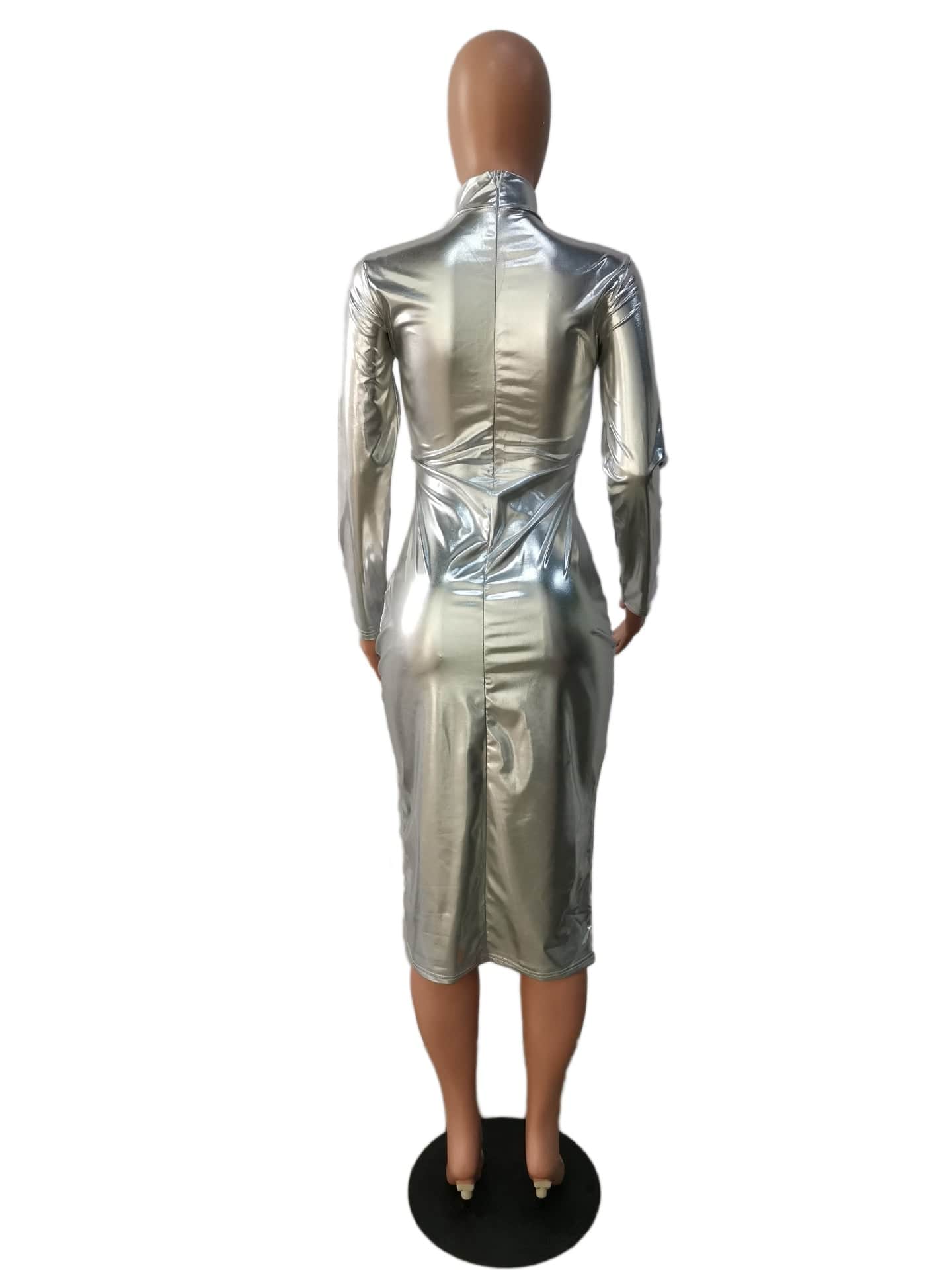 MK2049 Stand collar long sleeved shiny micro elastic nightclub tight sexy midi dress women