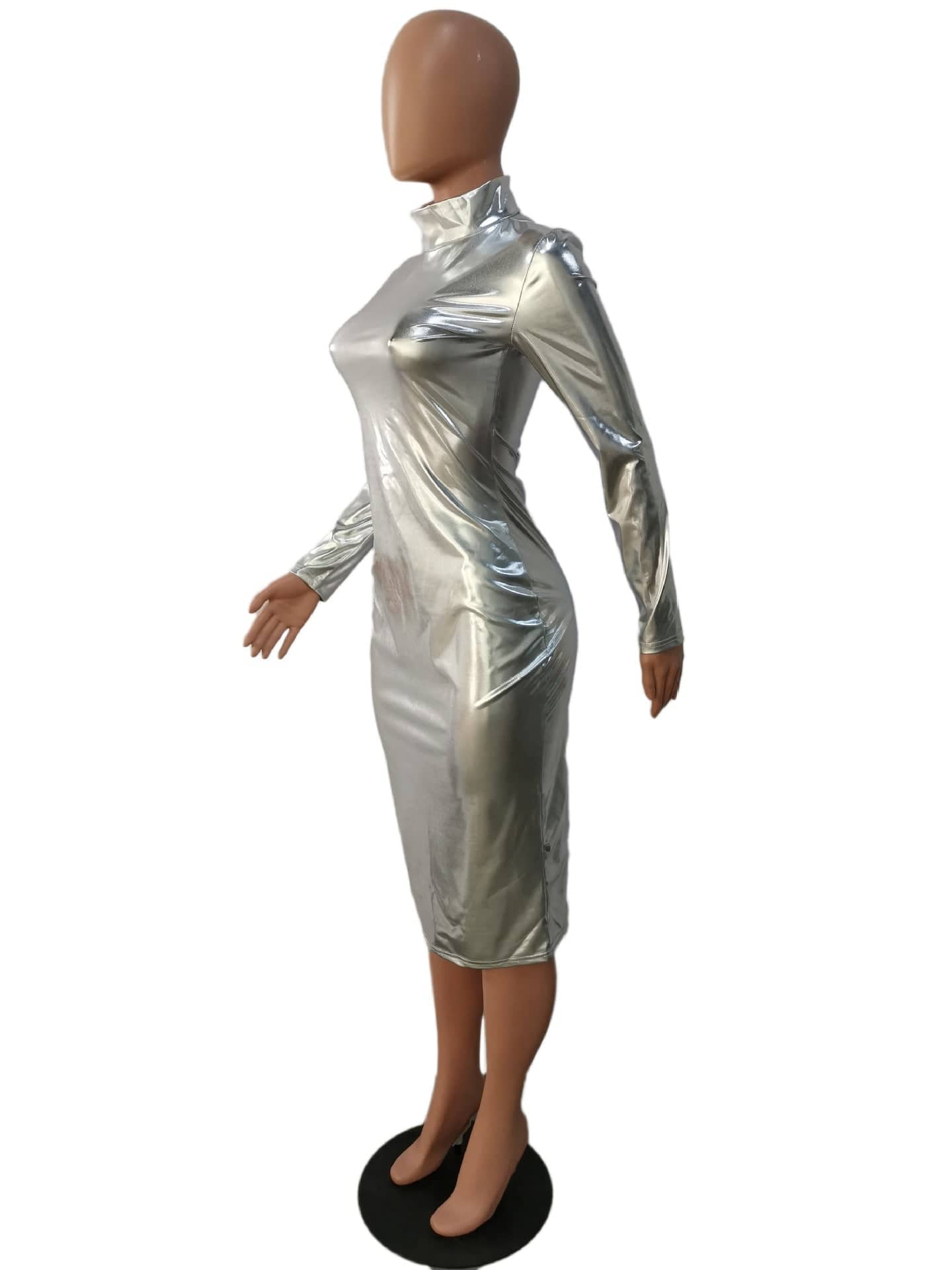 MK2049 Stand collar long sleeved shiny micro elastic nightclub tight sexy midi dress women