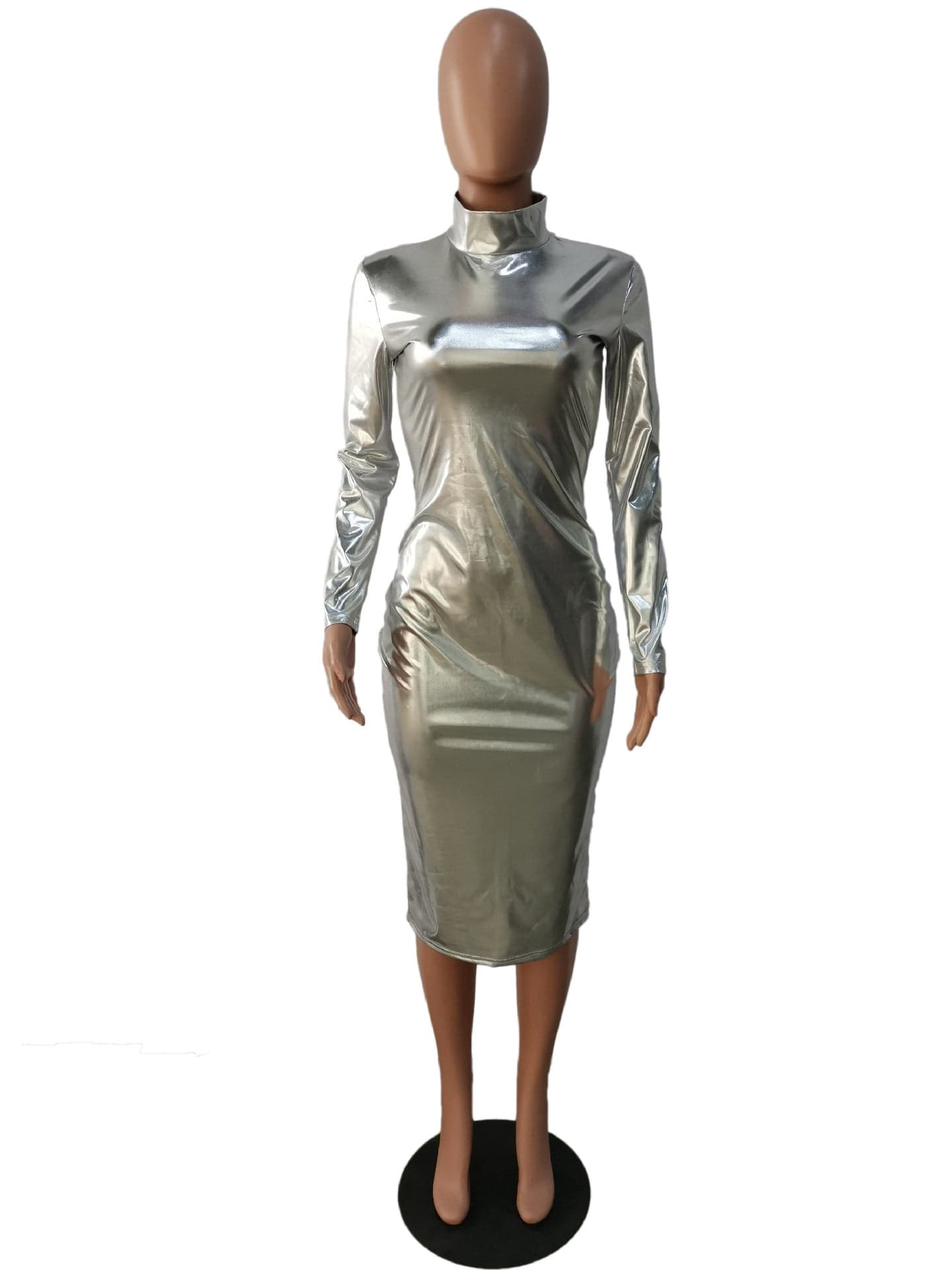 MK2049 Stand collar long sleeved shiny micro elastic nightclub tight sexy midi dress women