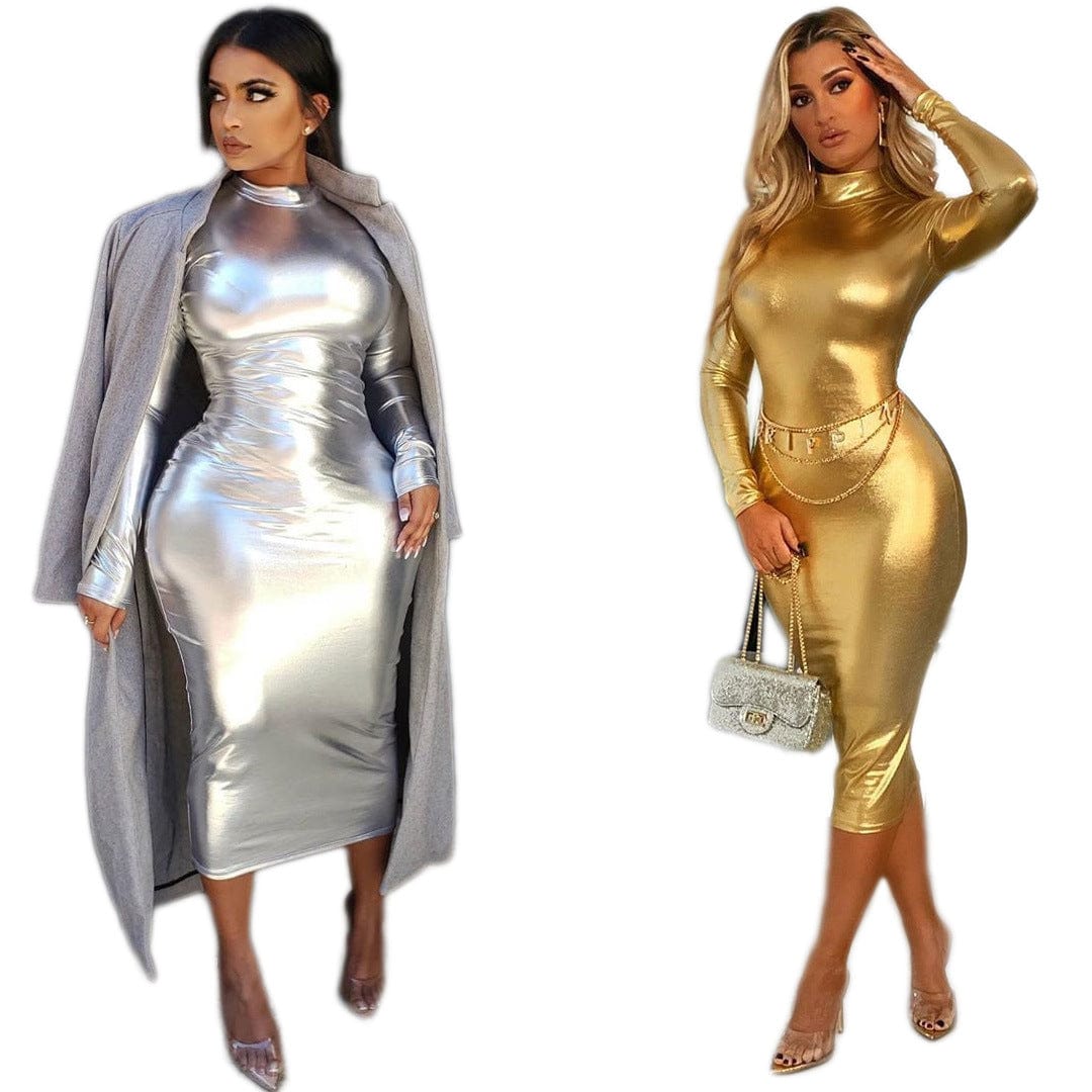 MK2049 Stand collar long sleeved shiny micro elastic nightclub tight sexy midi dress women