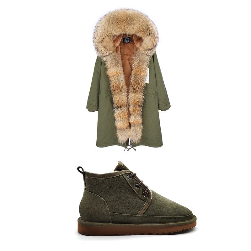 Mommy and me unisex lace up snow boots in sets parka jacket fur hoodie jacket snow boots sets