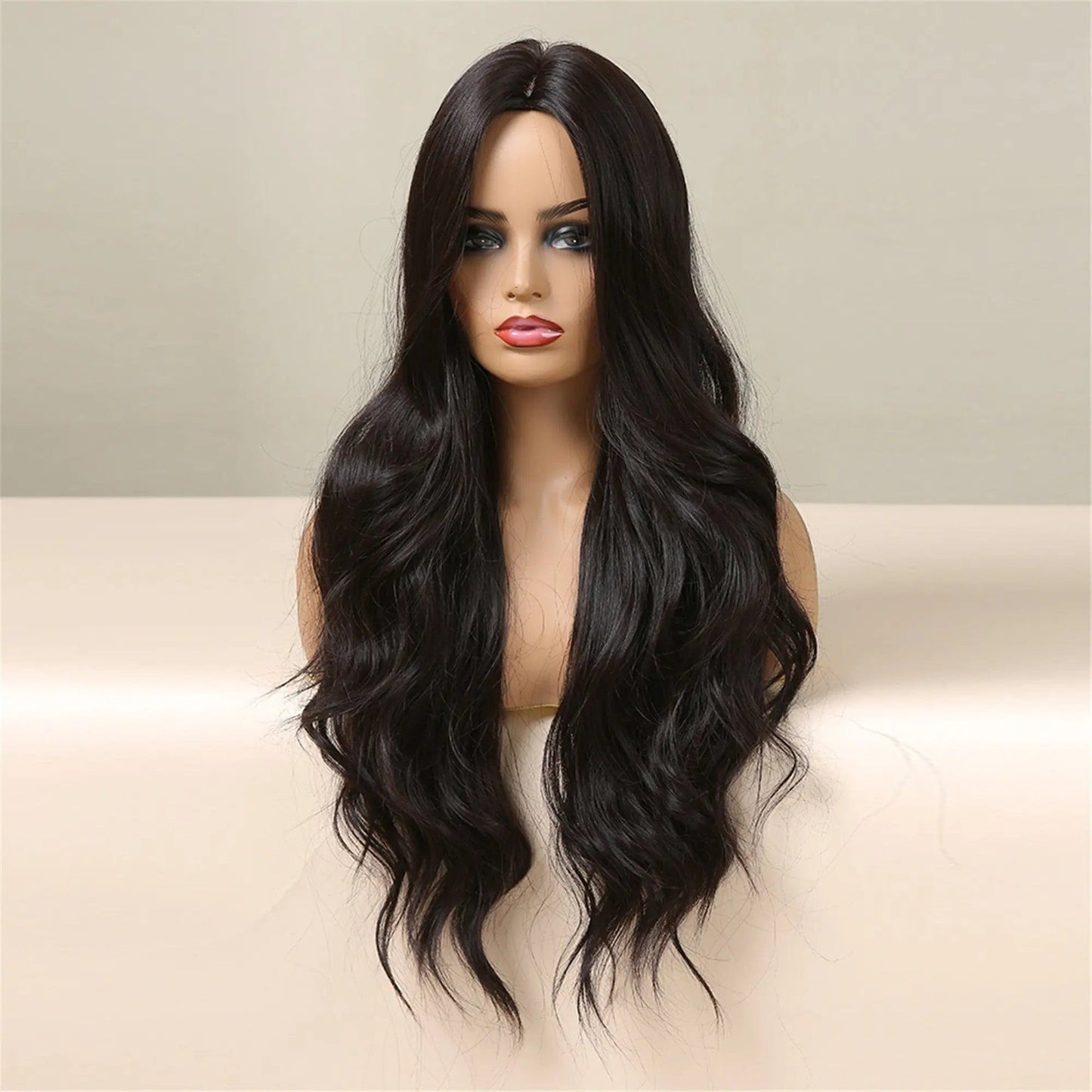 Natural Dark Black Wigs Middle Part Long Water Wave Synthetic Wigs for Women Cosplay Daily Party Heat Resistant Fiber