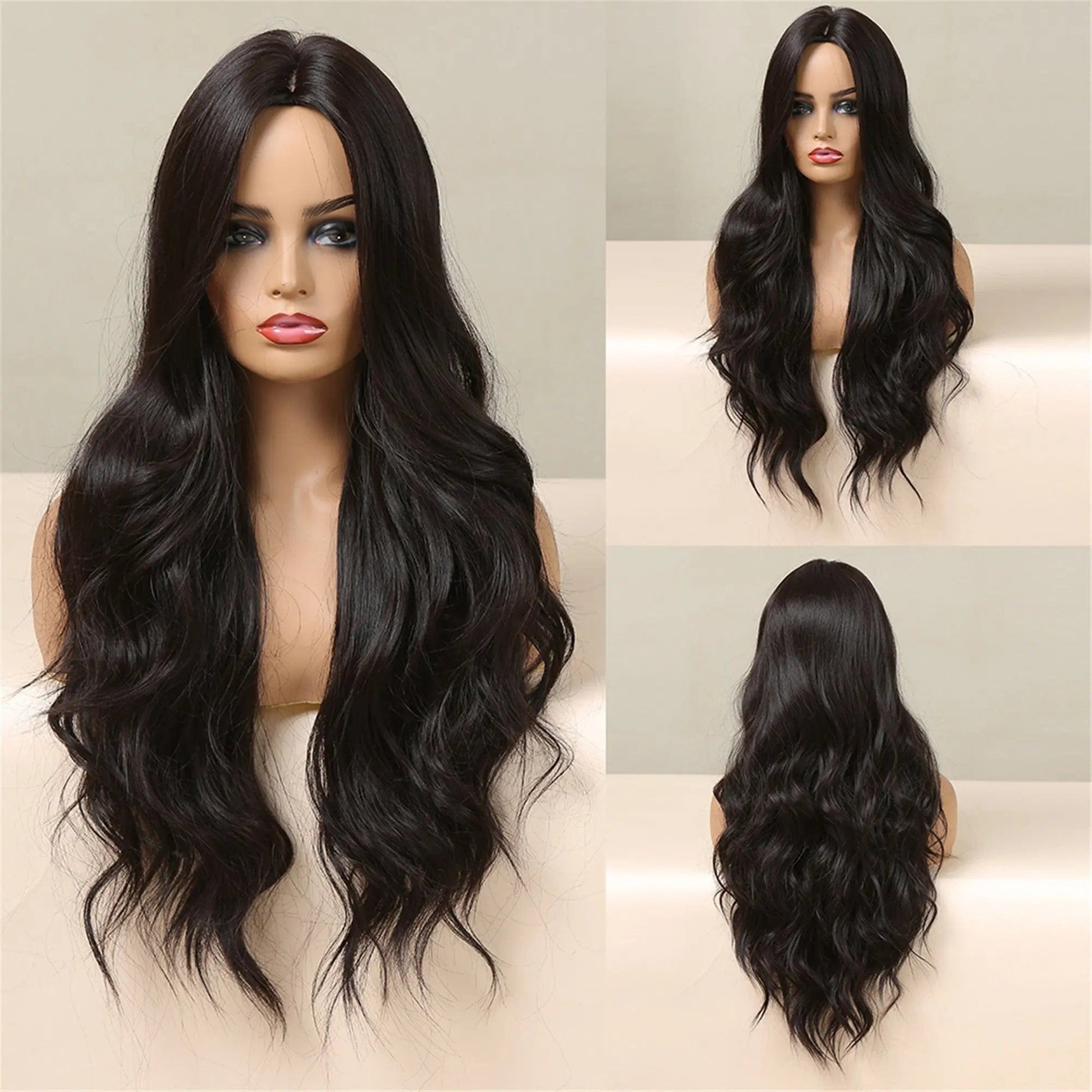 Natural Dark Black Wigs Middle Part Long Water Wave Synthetic Wigs for Women Cosplay Daily Party Heat Resistant Fiber