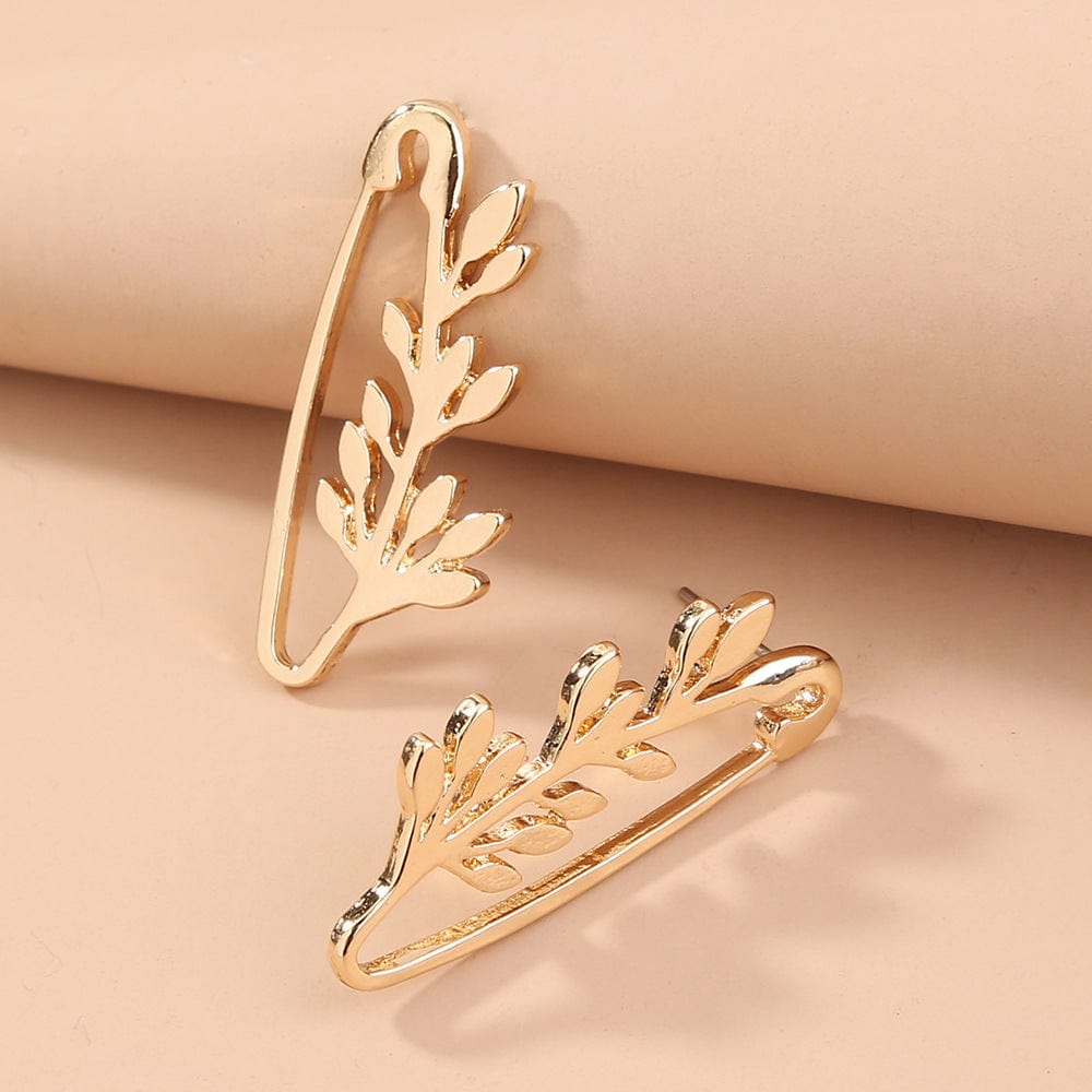 NE784 New Design Metal Safety Pin Geometric Punk Earrings Gold Leaves Earrings For Women Girls Jewelry