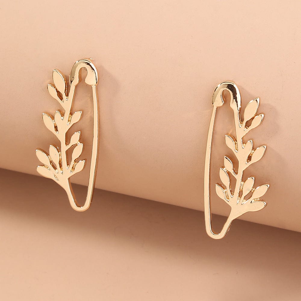 NE784 New Design Metal Safety Pin Geometric Punk Earrings Gold Leaves Earrings For Women Girls Jewelry