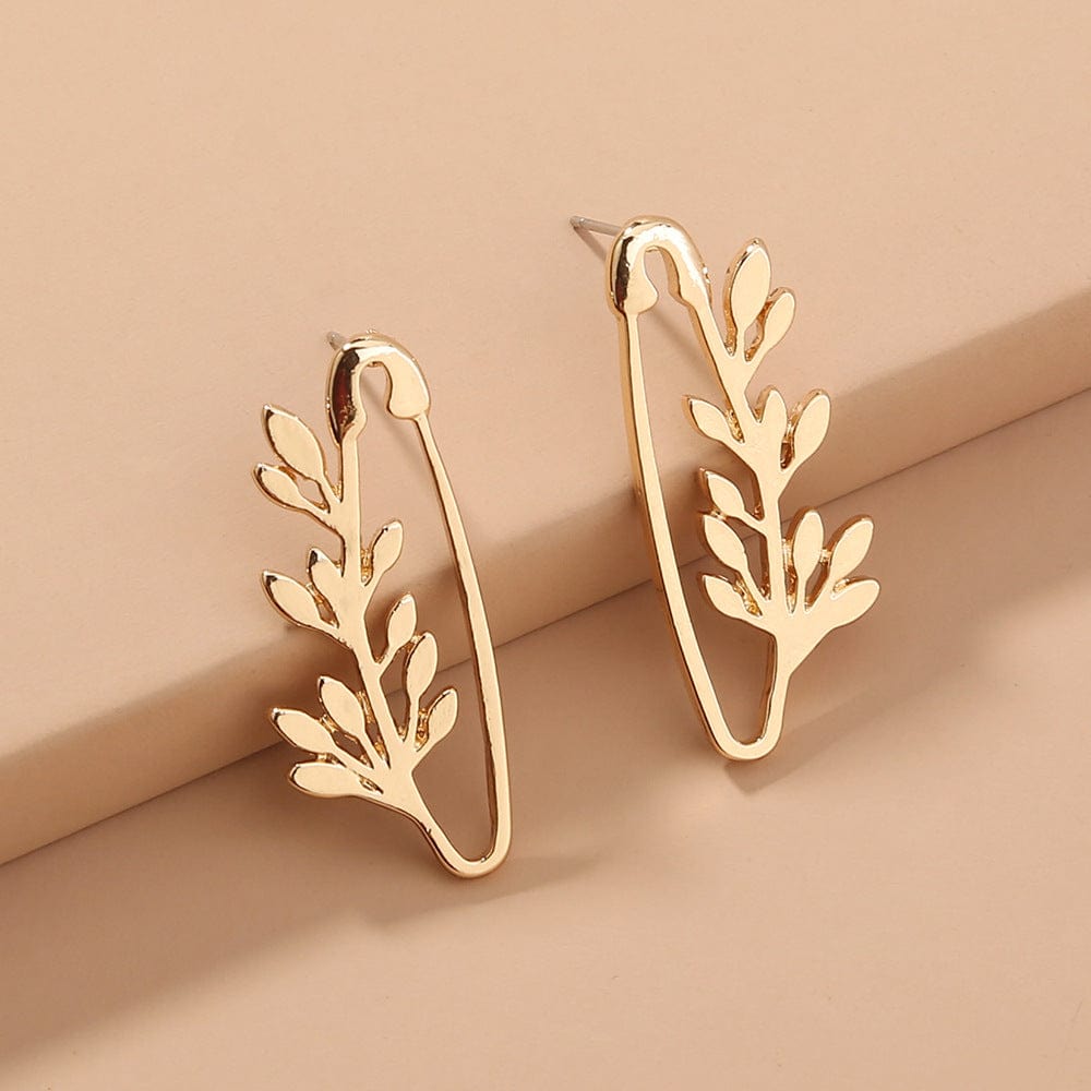 NE784 New Design Metal Safety Pin Geometric Punk Earrings Gold Leaves Earrings For Women Girls Jewelry