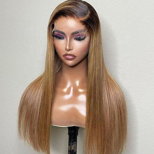 New 100% Human Natural Swiss Lace Front Wig Bone Straight Peruvian Hair Wig 24 Inch Light Brown Ombre Wigs Human Hair Lace Front