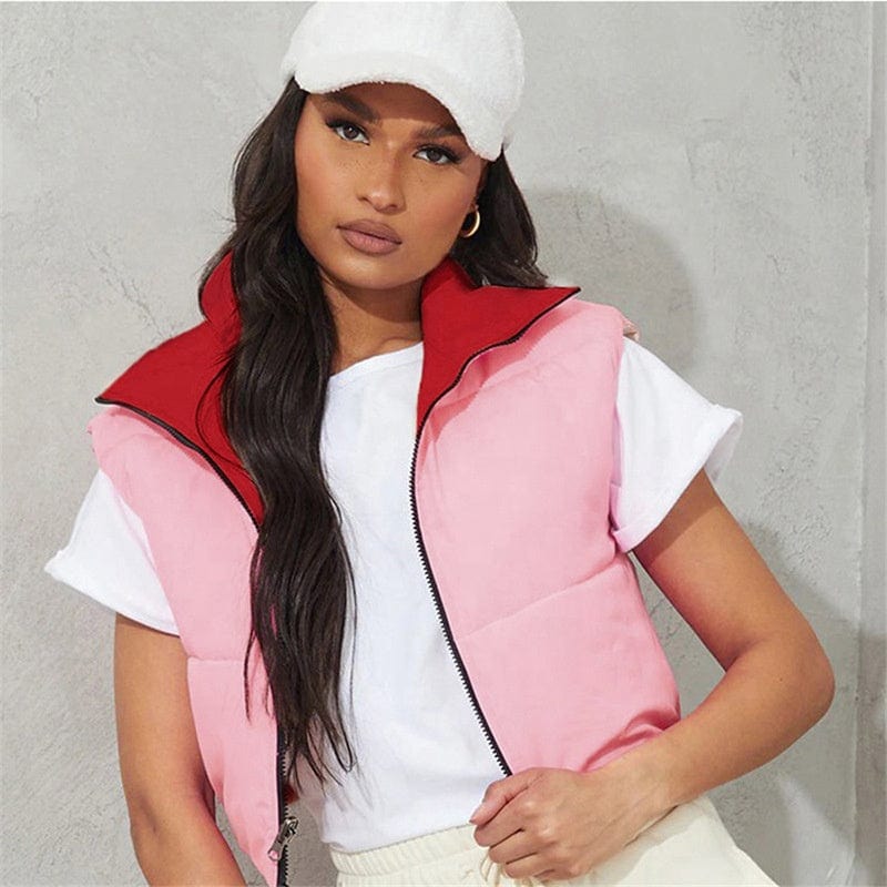 New arrival autumn casual short puff vest jacket stand collar sleeveless reversible women with zipper cropped puffer vest custom