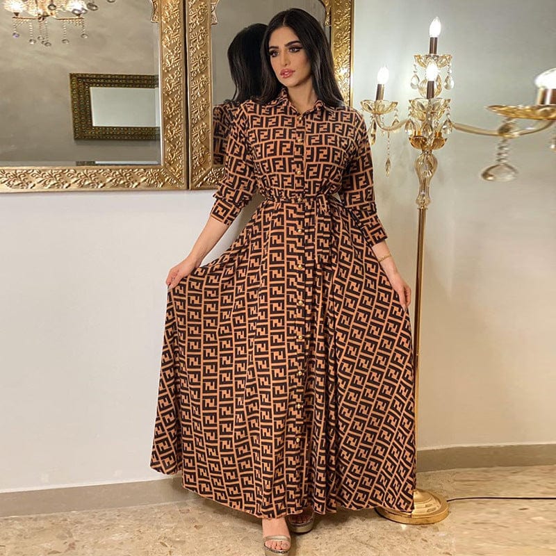 New Arrival Belted Print Abaya Long Dress with Button Dubai Islamic Clothing Women Muslim Maxi Dress