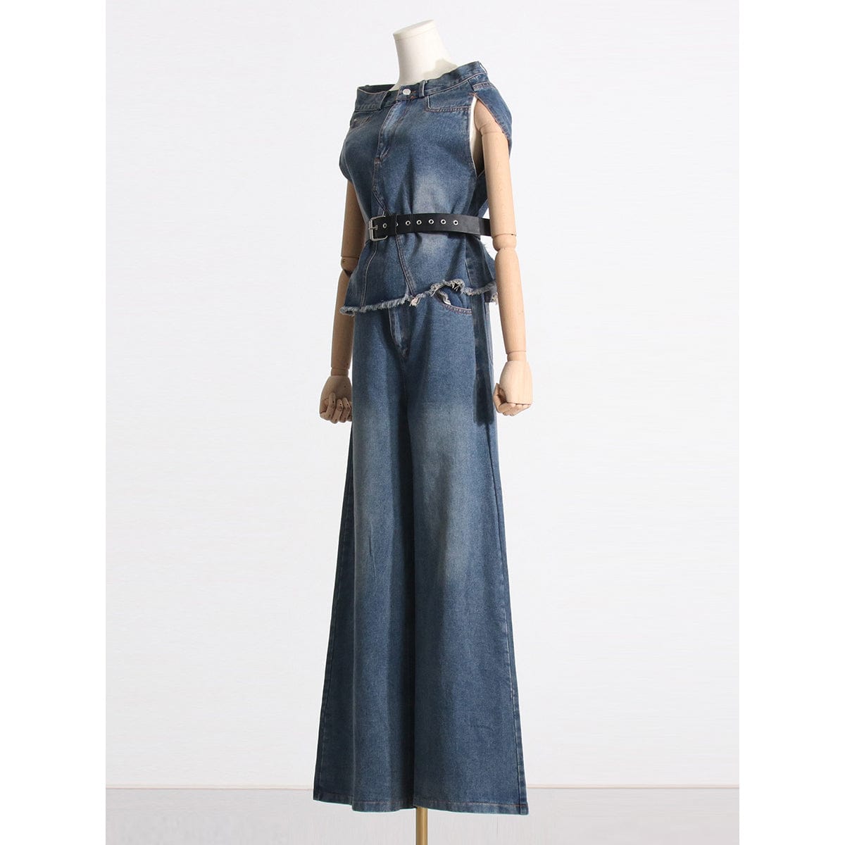 New Arrival Clothing Casual Sleeveless Denim Shirt Top With Belt Wide Leg Flare Jeans Pants Matching Sets Two 2 Piece Set Women