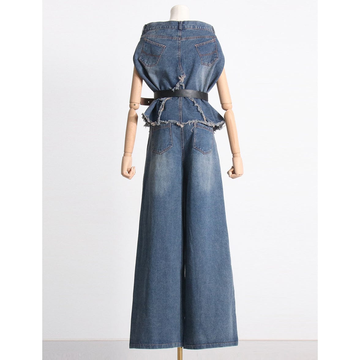 New Arrival Clothing Casual Sleeveless Denim Shirt Top With Belt Wide Leg Flare Jeans Pants Matching Sets Two 2 Piece Set Women