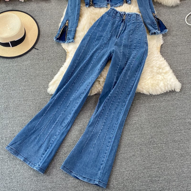 New Arrival Denim Top Loose Wide Leg Pants Jeans 2 Piece Denim Set Women Two Piece