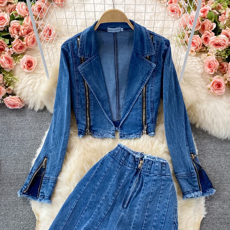 New Arrival Denim Top Loose Wide Leg Pants Jeans 2 Piece Denim Set Women Two Piece