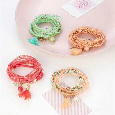 New Bohemian hand jewelry natural stone rice beads four leaf grass tassel pendant mix set multi layer bracelet for women