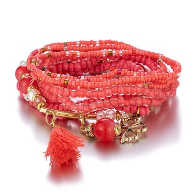 New Bohemian hand jewelry natural stone rice beads four leaf grass tassel pendant mix set multi layer bracelet for women