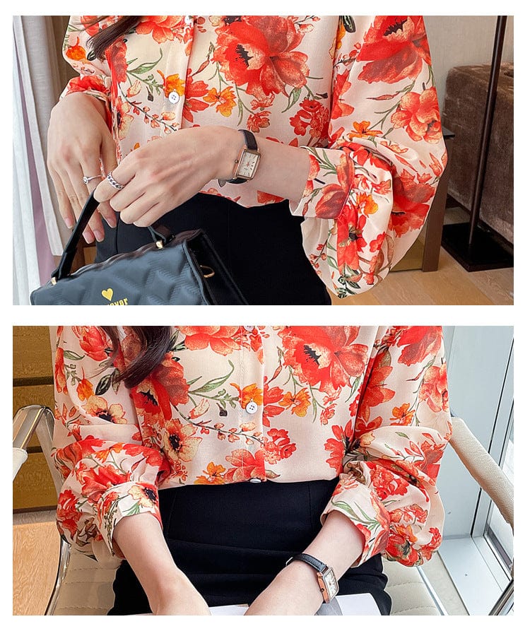 New Chic Ladies Shirts Fashion Red Floral Printing Women Blouses 2022 Spring Autumn Causal Long Sleeve Blouses Mujer Blusas