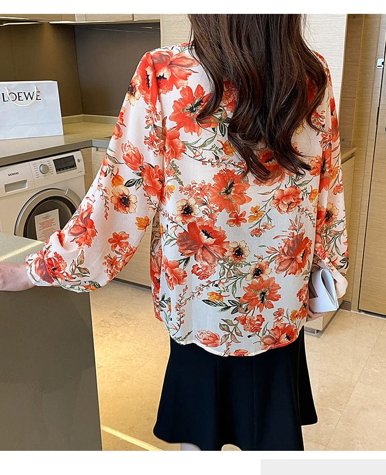 New Chic Ladies Shirts Fashion Red Floral Printing Women Blouses 2022 Spring Autumn Causal Long Sleeve Blouses Mujer Blusas