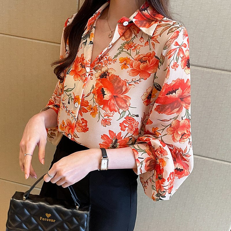 New Chic Ladies Shirts Fashion Red Floral Printing Women Blouses 2022 Spring Autumn Causal Long Sleeve Blouses Mujer Blusas