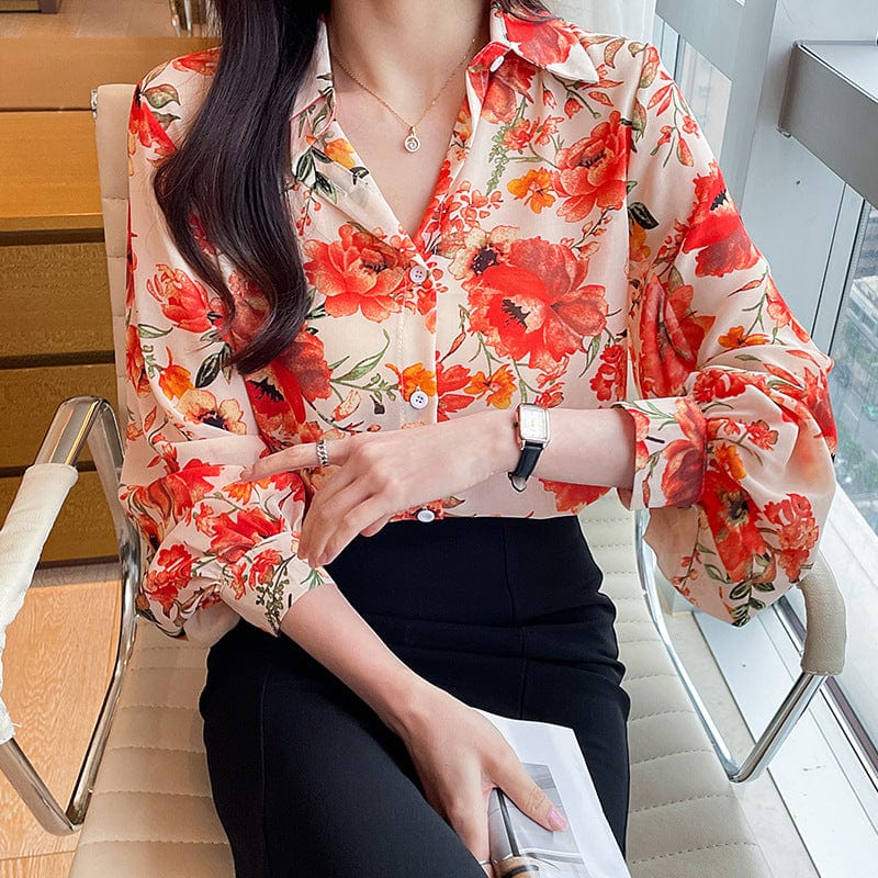 New Chic Ladies Shirts Fashion Red Floral Printing Women Blouses 2022 Spring Autumn Causal Long Sleeve Blouses Mujer Blusas