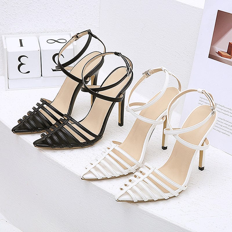 New Classics Solid PU Pointed Toe Thin High Heel Open Toe Ankle Buckle Strap Party Dress Career Pumps Ladies Shoes Women Sandals