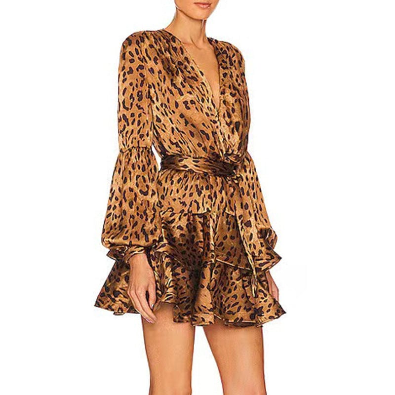 New deep V-neck lace up print dress lantern sleeve high waist women leopard print dress ruffle sexy dresses