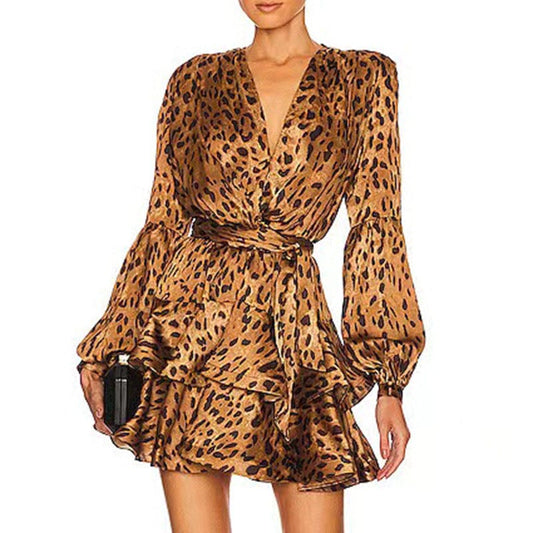 New deep V-neck lace up print dress lantern sleeve high waist women leopard print dress ruffle sexy dresses