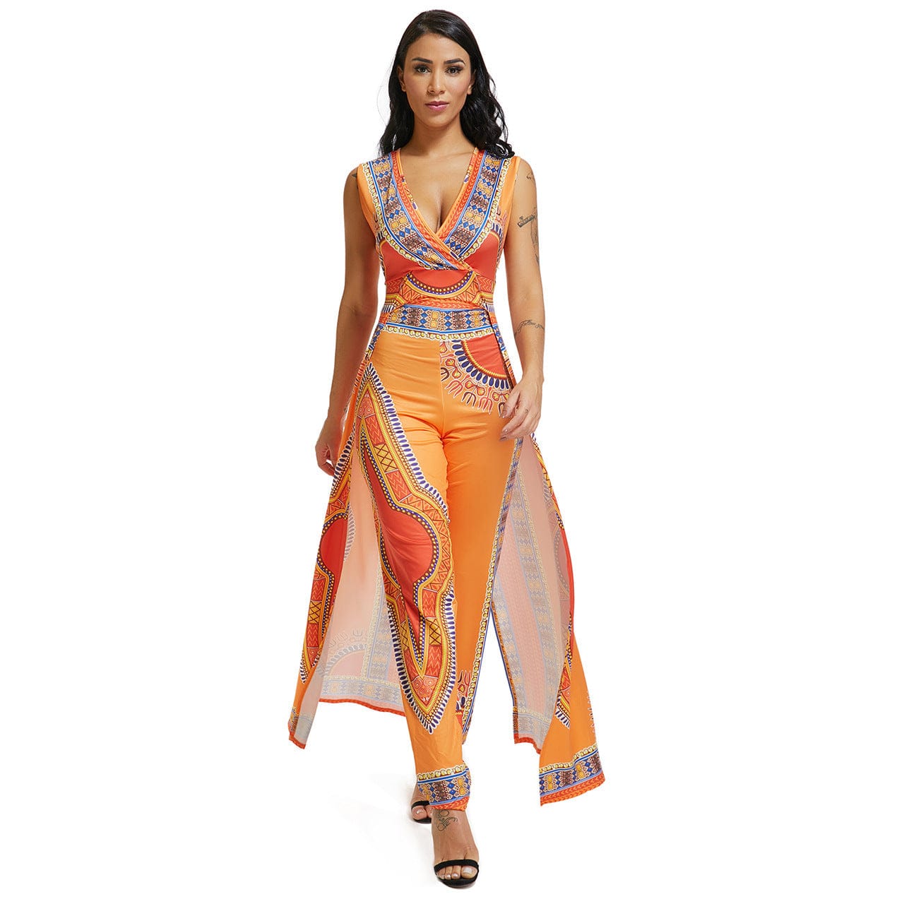 New Design African Orange Print National Style Ladies One Piece Jumpsuit Bohemian Summer Women Body Suite