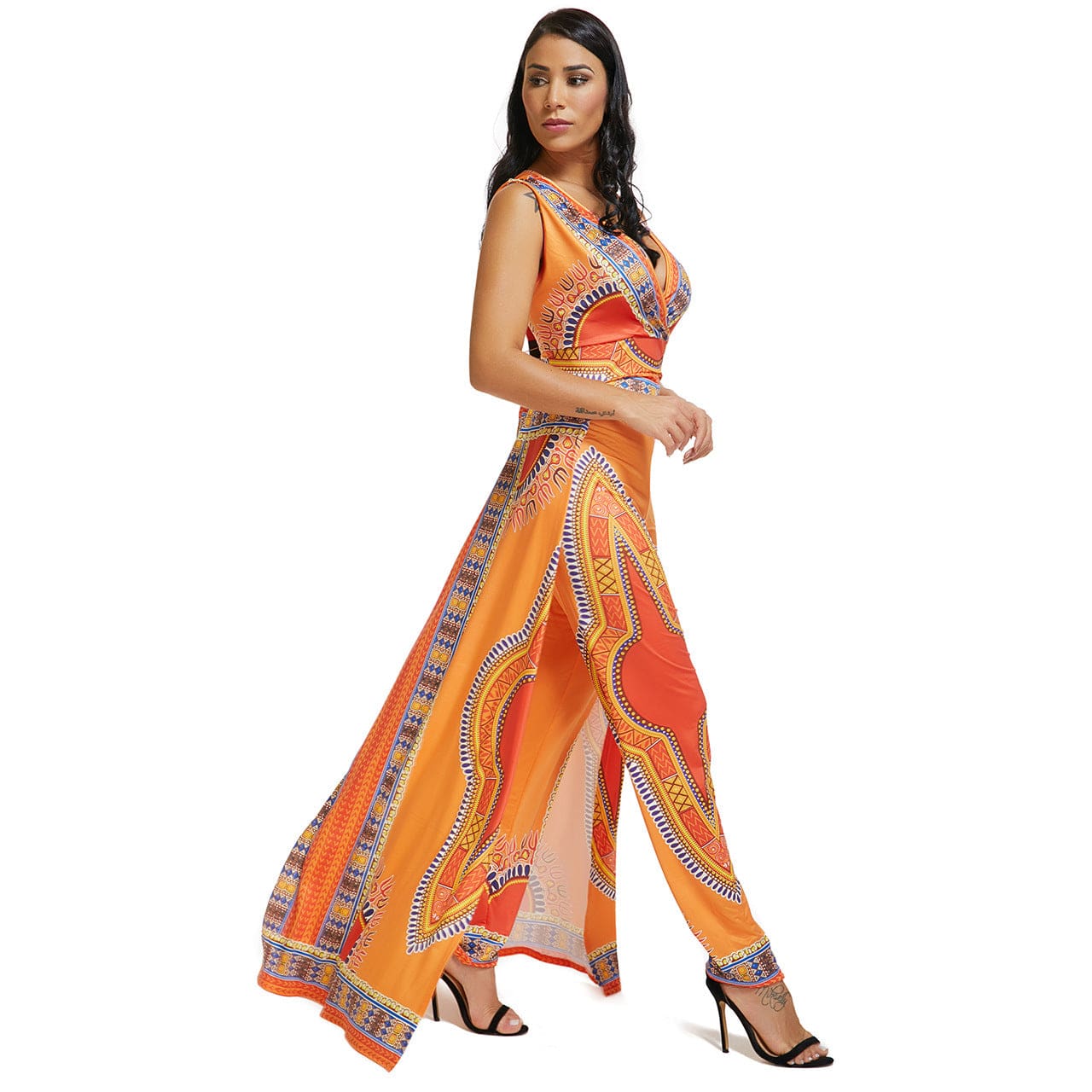 New Design African Orange Print National Style Ladies One Piece Jumpsuit Bohemian Summer Women Body Suite