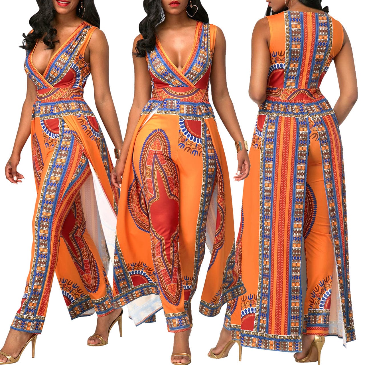 New Design African Orange Print National Style Ladies One Piece Jumpsuit Bohemian Summer Women Body Suite