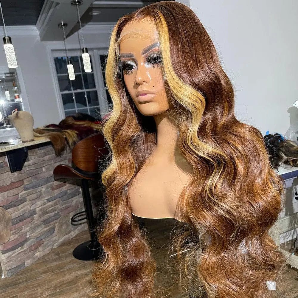 New Design Long Wavy Highlights Honey Brown Wigs Virgin Cuticle Aligned Hair 13*4 Lace front Wigs for Black Women