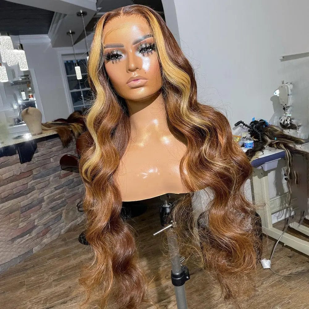 New Design Long Wavy Highlights Honey Brown Wigs Virgin Cuticle Aligned Hair 13*4 Lace front Wigs for Black Women