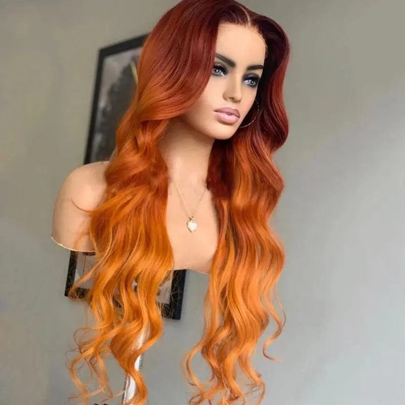 New Design Long Wavy Ombre Orange Body Wave Wigs Human Hair Lace Frontal Wigs