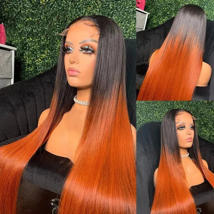 New Design Ombre Orange Silky Straight Peruvian Human Virgin Hair 13*4 Lace Front Wigs