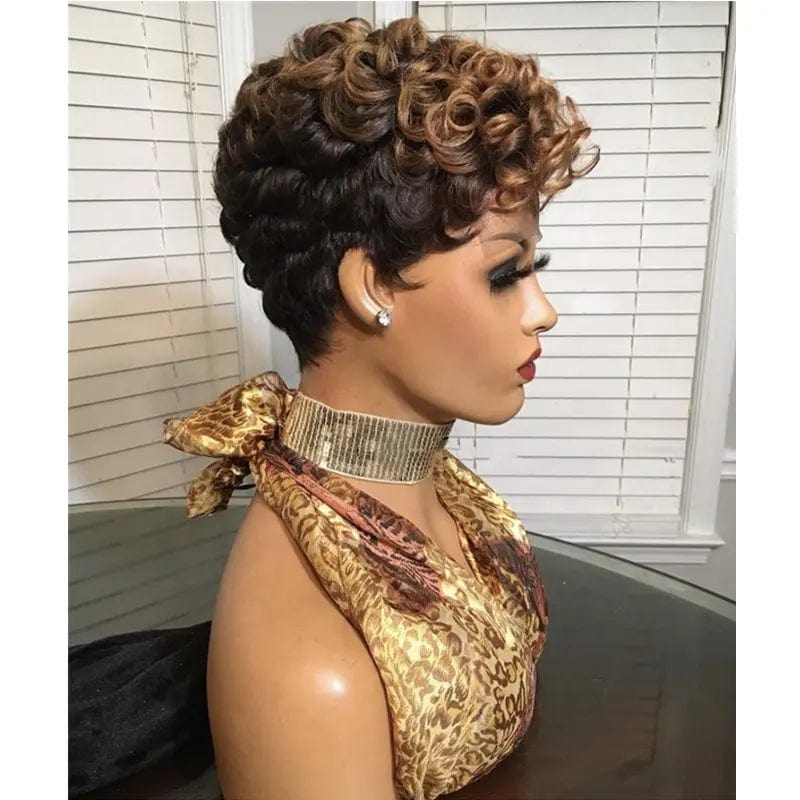 New Design Pixie Curls Wig for black women Ombre Brown Lace Front Wigs with Bangs