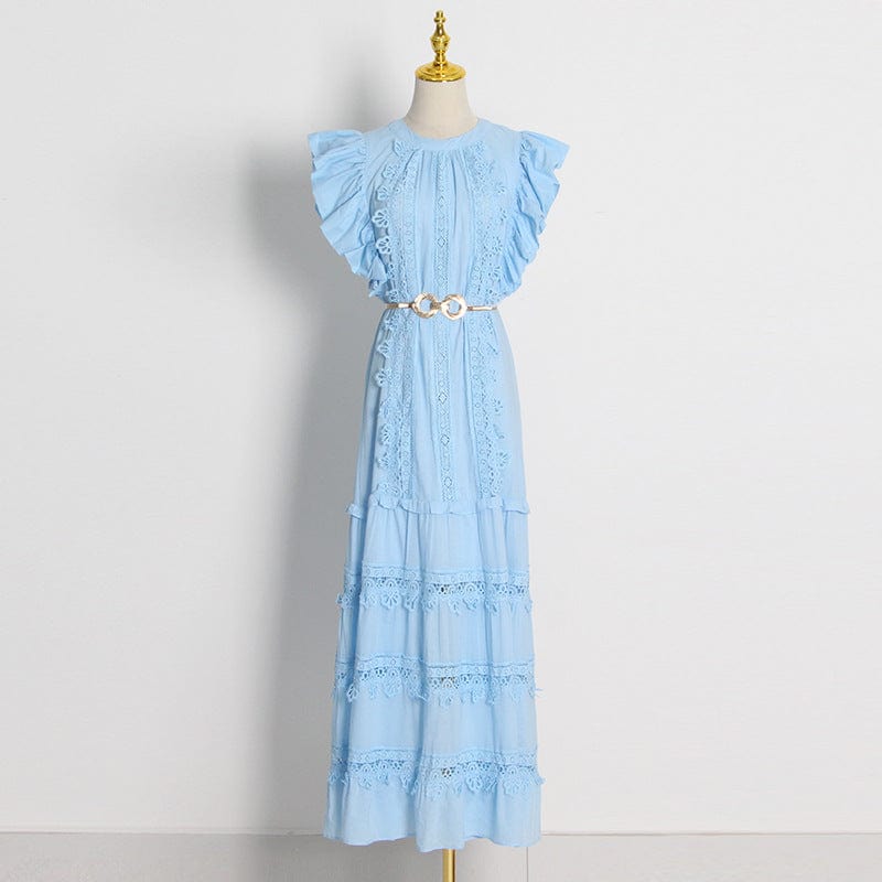 new design women embroidery dress with long sleeve fashion falbala sleeve O neck with belt long dress