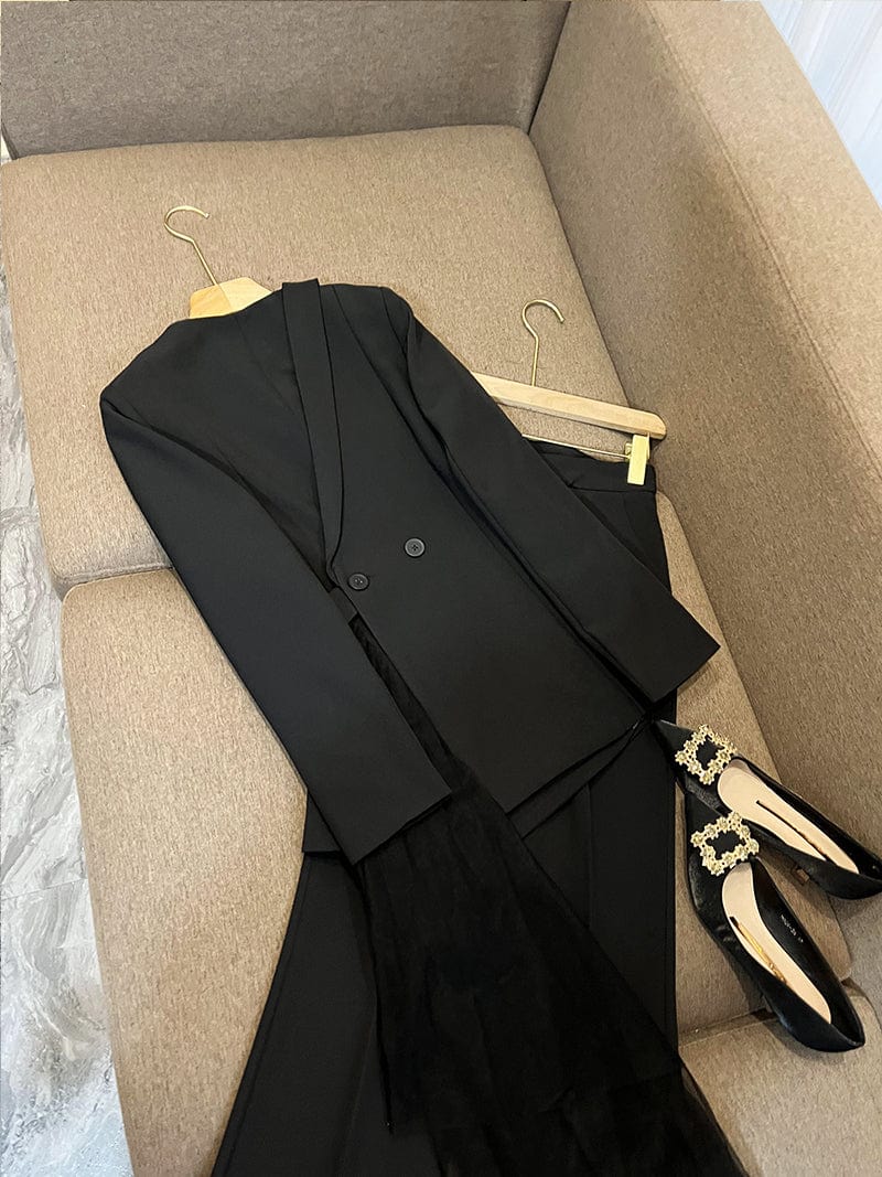 New Designed 2023 Spring Lady Fashion Suit V-neckline Grenadine Patchwork Hem Blazer Flared Pants Women 2pcs Black