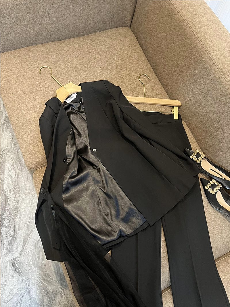 New Designed 2023 Spring Lady Fashion Suit V-neckline Grenadine Patchwork Hem Blazer Flared Pants Women 2pcs Black