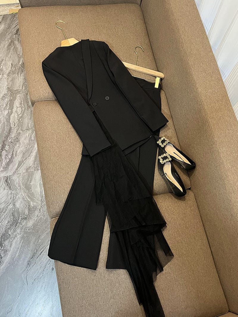 New Designed 2023 Spring Lady Fashion Suit V-neckline Grenadine Patchwork Hem Blazer Flared Pants Women 2pcs Black