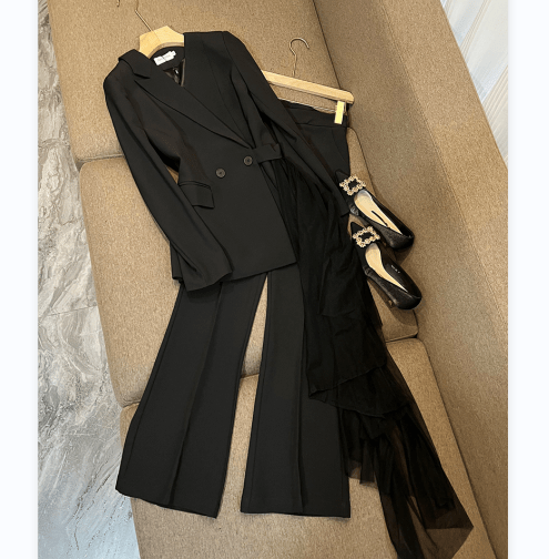 New Designed 2023 Spring Lady Fashion Suit V-neckline Grenadine Patchwork Hem Blazer Flared Pants Women 2pcs Black