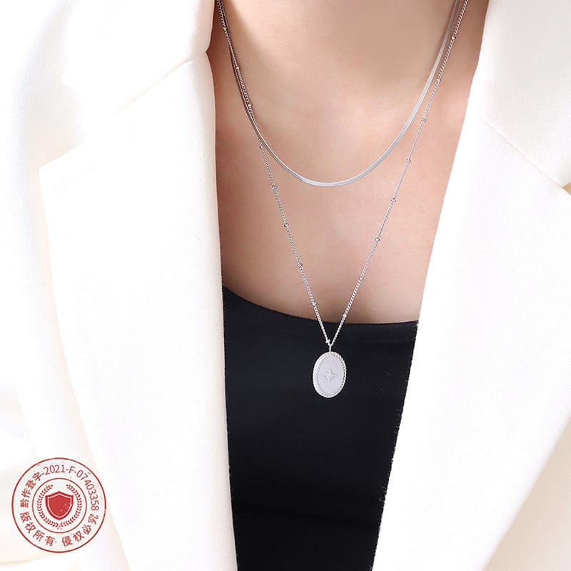 New European Jewelry Double Layer Blade Chain Clip Bead Oval Pendant Overlay Necklace Steel