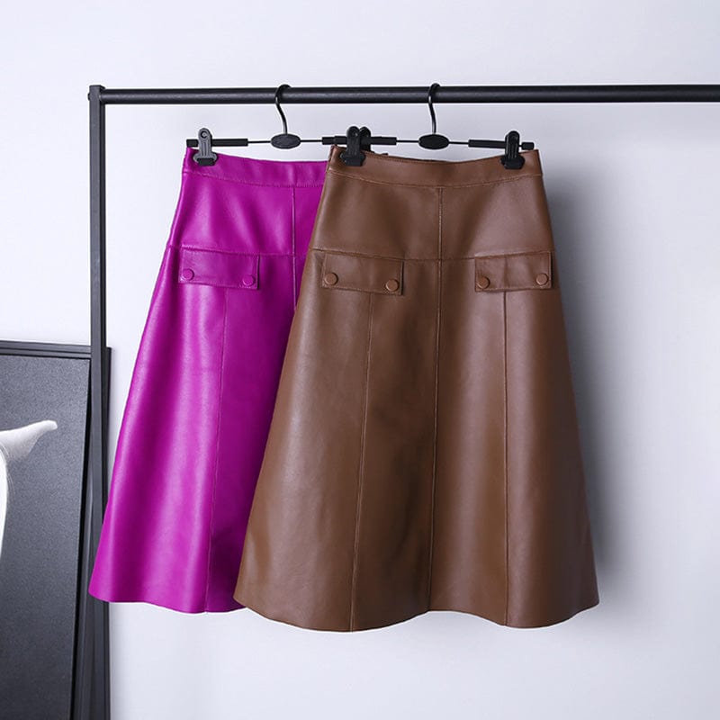 New Fashion High Waist Knee Length Skirt Women Elegant Genuine Sheep Leather Skirt