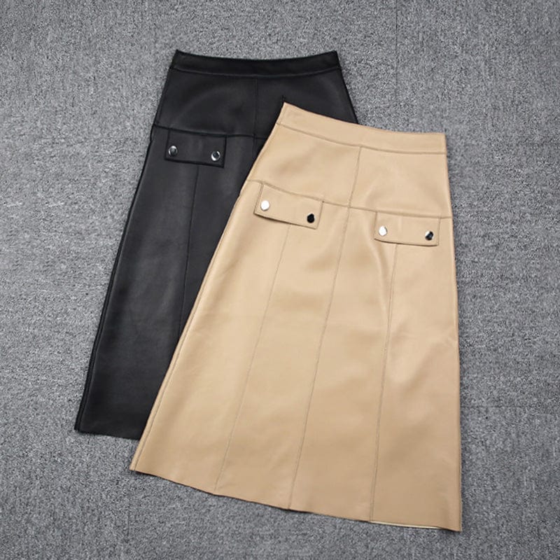 New Fashion High Waist Knee Length Skirt Women Elegant Genuine Sheep Leather Skirt