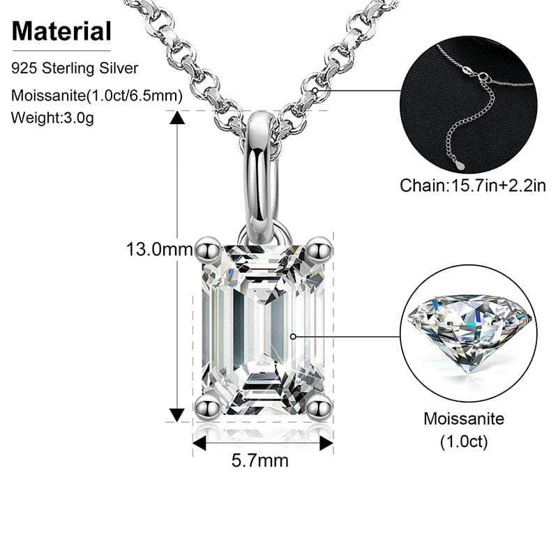 New Fashion Women Jewelry 1ct Emerald Cut VVS Moissanite Diamond Pendant Collares Para Mujer 925 Sterling Silver Necklace