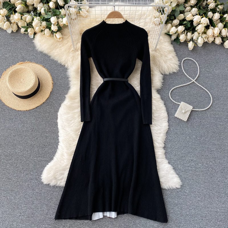 New French Knitted Women Fall Winter Spliced Gradient Empire Grace Midi  Pleated Dress