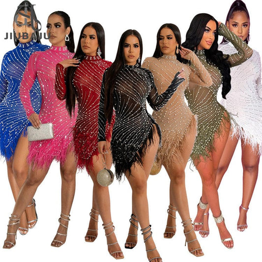 New Long Sleeve Diamonds Sexy Bodycon Mesh See Through Party Dresses for Women Feather Pearls Black Irregular Club Dress