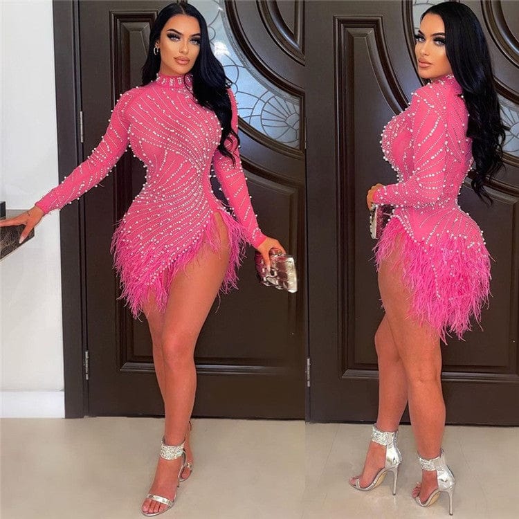 New Long Sleeve Diamonds Sexy Bodycon Mesh See Through Party Dresses for Women Feather Pearls Black Irregular Club Dress