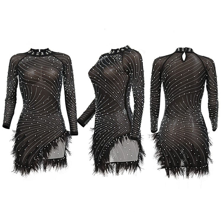 New Long Sleeve Diamonds Sexy Bodycon Mesh See Through Party Dresses for Women Feather Pearls Black Irregular Club Dress